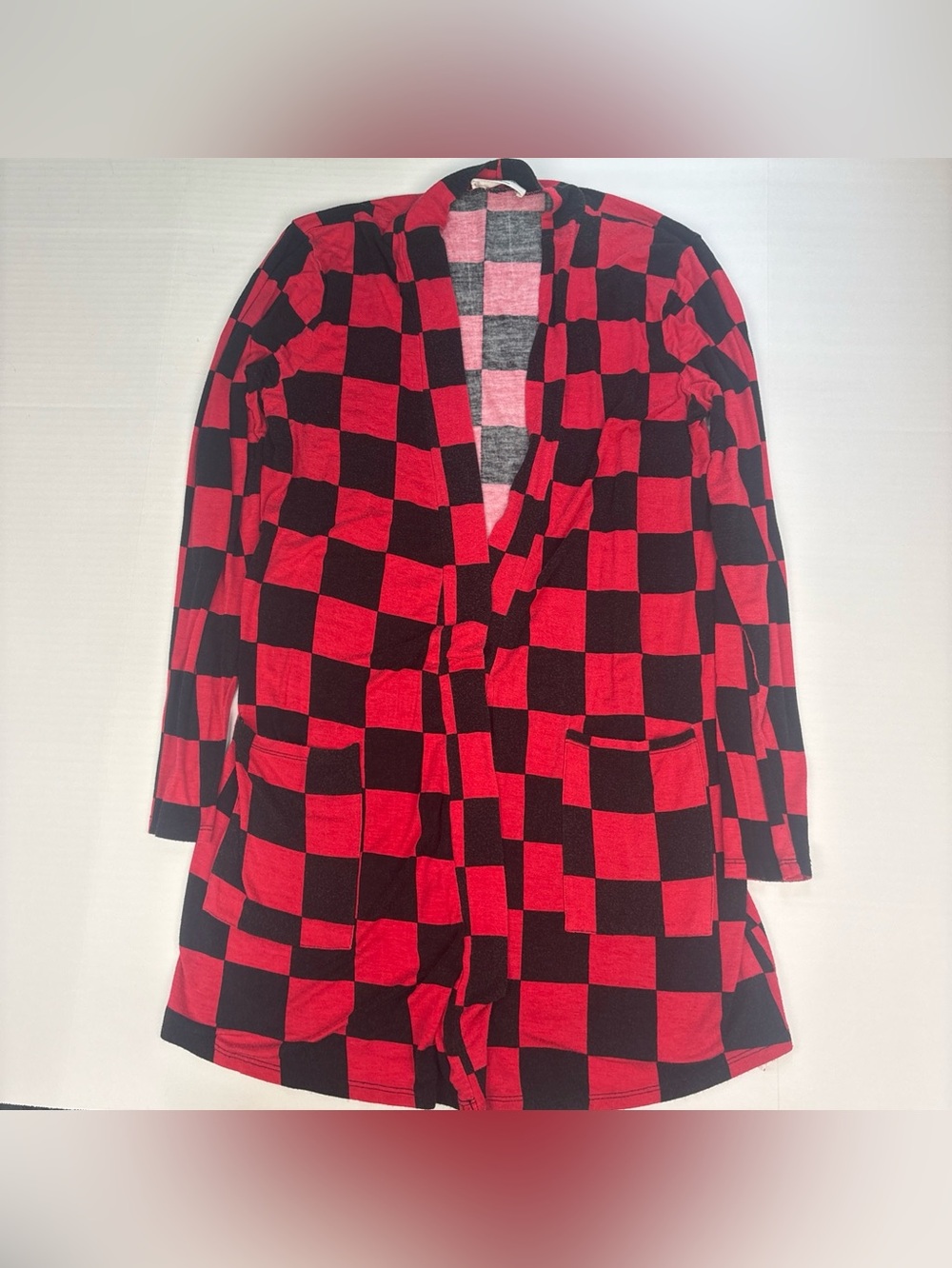 Zenana Women XL Shirt Red Black Checkered Open Front Cardigan Rayon Spandex